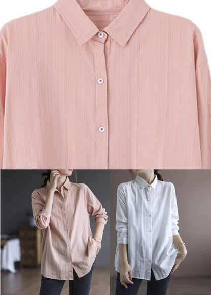 Casual Pink Peter Pan Collar Cotton Shirt Long Sleeve