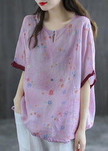 Load image into Gallery viewer, Casual Pink Print Patchwork Summer Linen Shirt Half Sleeve