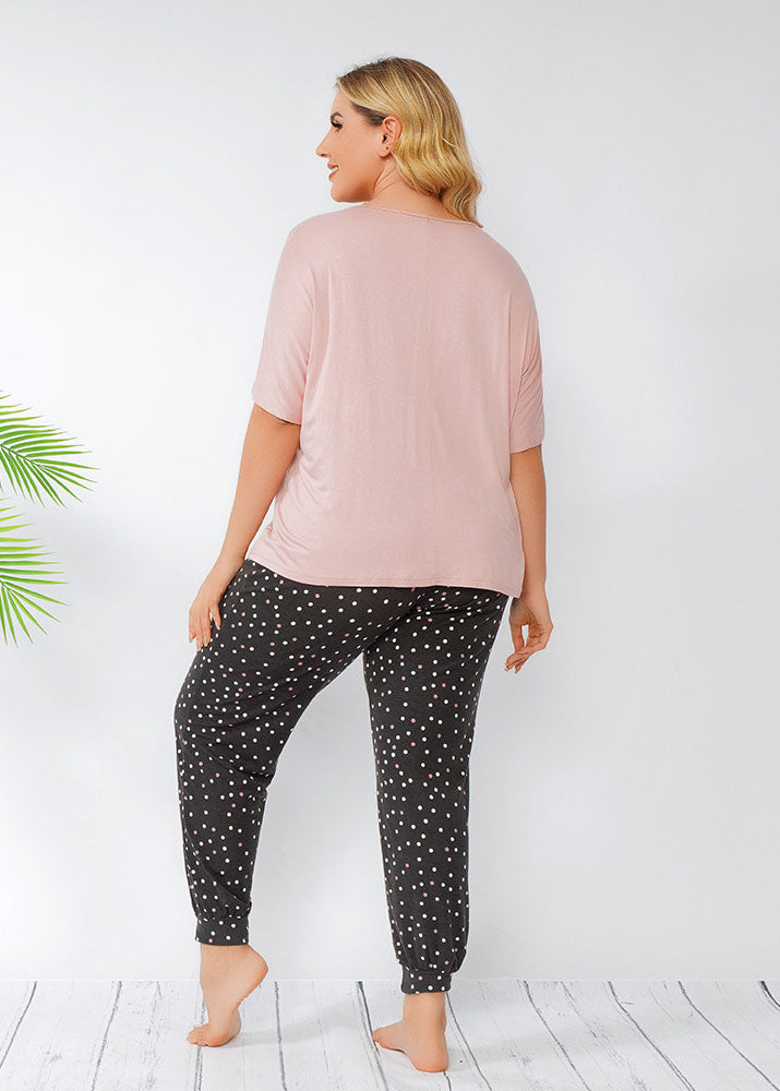 Casual Pink Print T Shirt Tops And Slim Pants Patchwork Cotton Two Piece Set Summer