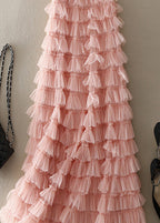 Casual Pink Ruffled Patchwork Tulle Skirt Spring