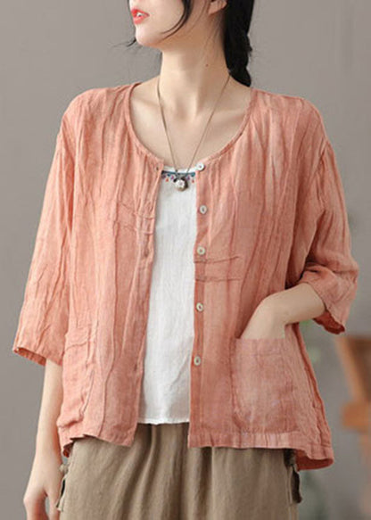 Casual Pink wrinkled Button Linen Shirts Bracelet Sleeve