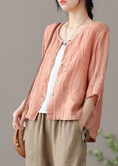 Casual Pink wrinkled Button Linen Shirts Bracelet Sleeve