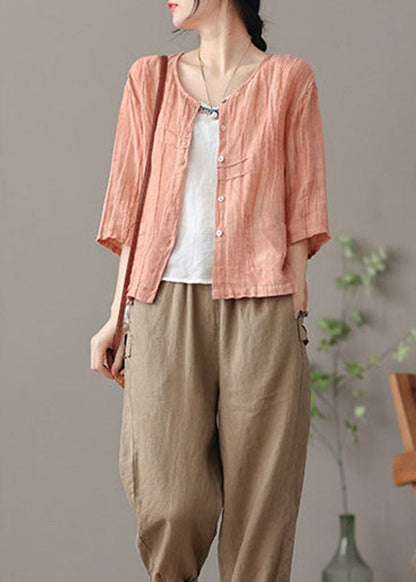 Casual Pink wrinkled Button Linen Shirts Bracelet Sleeve