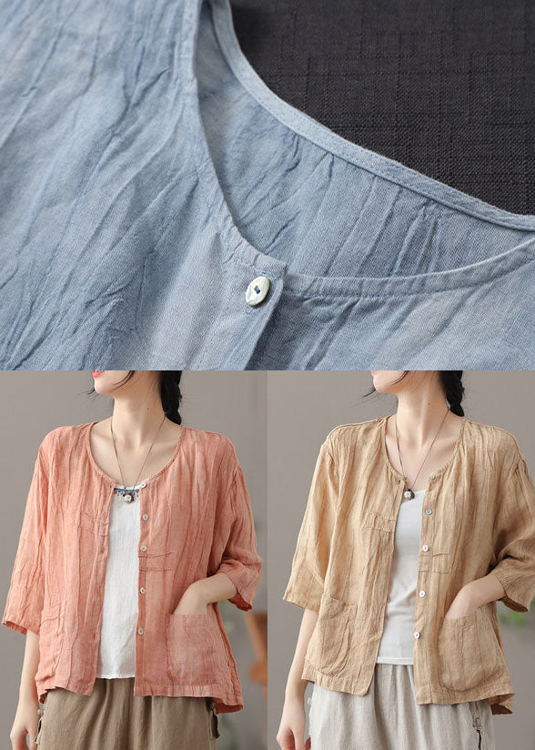 Casual Pink wrinkled Button Linen Shirts Bracelet Sleeve