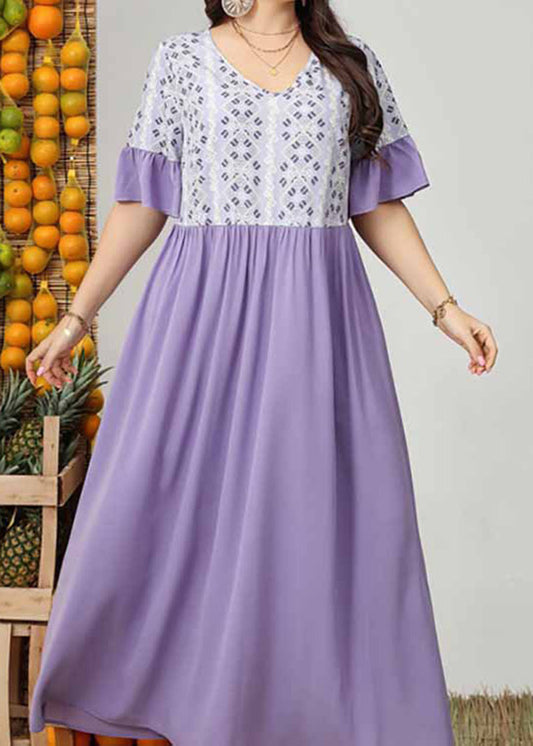 Casual Purple Patchwork Wrinkled Vacation Long Dresses Short Sleeve