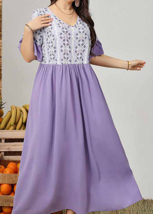 Casual Purple Patchwork Wrinkled Vacation Long Dresses Short Sleeve