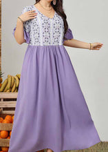 Load image into Gallery viewer, Casual Purple Patchwork Wrinkled Vacation Long Dresses Short Sleeve