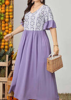 Casual Purple Patchwork Wrinkled Vacation Long Dresses Short Sleeve