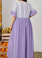 Casual Purple Patchwork Wrinkled Vacation Long Dresses Short Sleeve