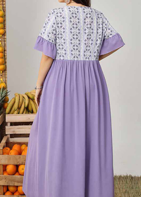 Casual Purple Patchwork Wrinkled Vacation Long Dresses Short Sleeve