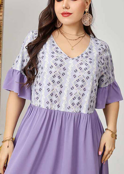 Casual Purple Patchwork Wrinkled Vacation Long Dresses Short Sleeve