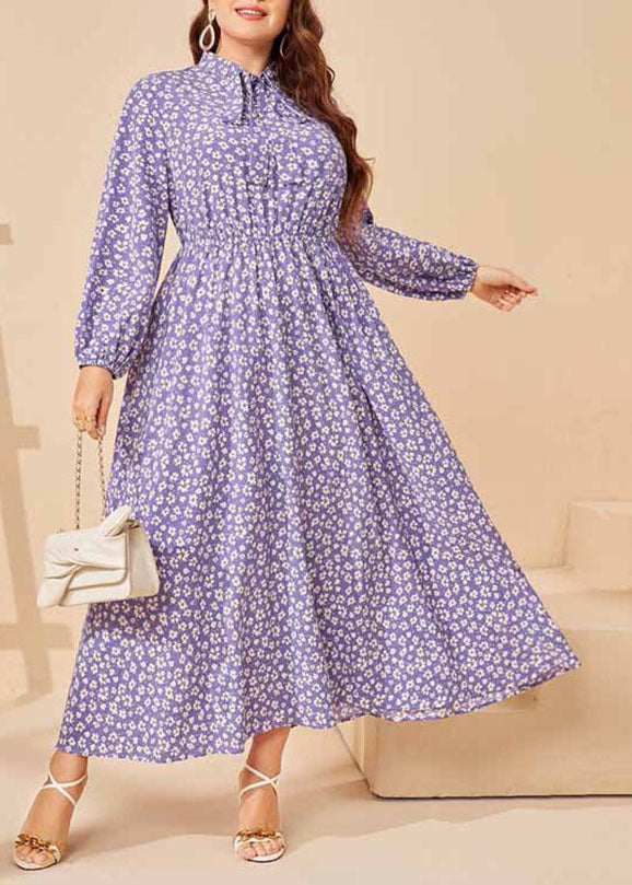 Casual Purple Peter Pan Collar Print Patchwork Wrinkled Cotton Maxi Dresses Fall