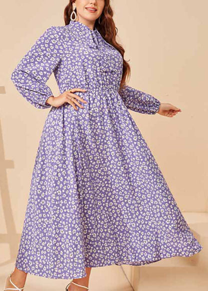 Casual Purple Peter Pan Collar Print Patchwork Wrinkled Cotton Maxi Dresses Fall