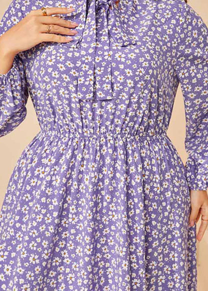 Casual Purple Peter Pan Collar Print Patchwork Wrinkled Cotton Maxi Dresses Fall