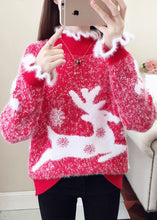 Load image into Gallery viewer, Casual Red Ruffled Print Thick Mink Hair Knitted Sweaters Fall