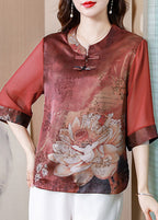 Casual Red Stand Collar Print Patchwork Silk Blouses Summer