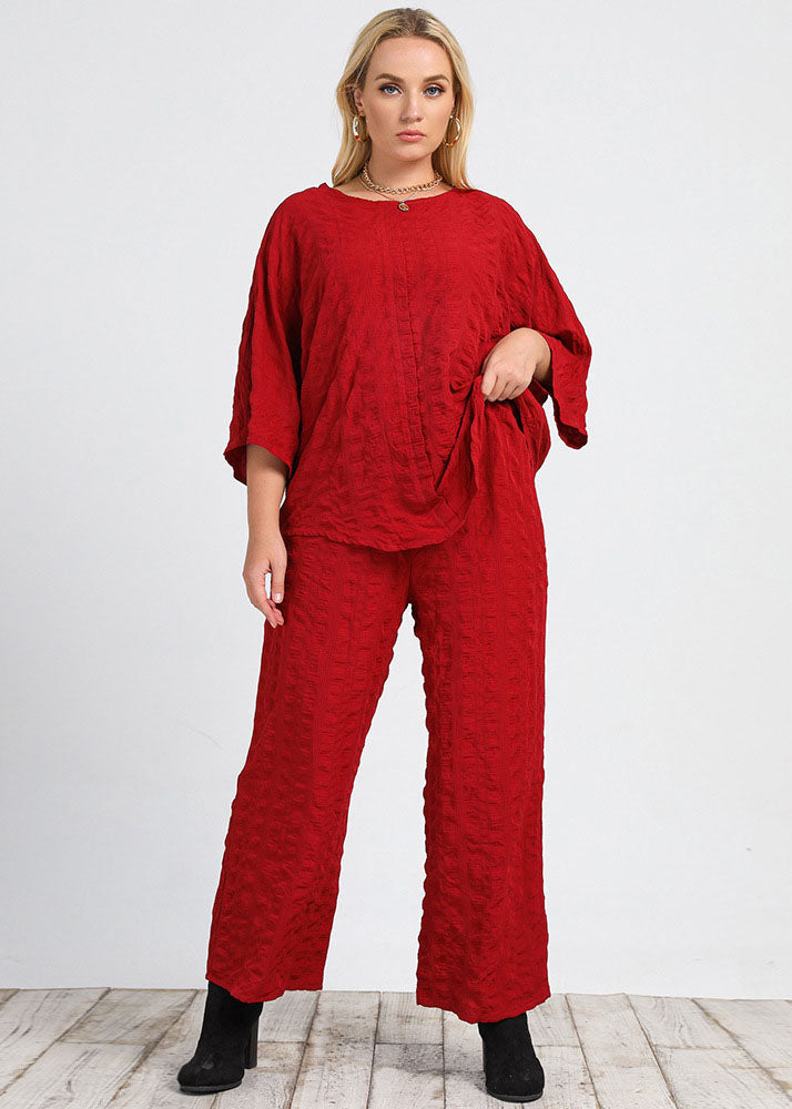 Casual Red Tops And Wide Leg Pants Patchwork Cotton Two Pieces Set Fall