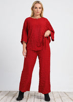 Casual Red Tops And Wide Leg Pants Patchwork Cotton Two Pieces Set Fall