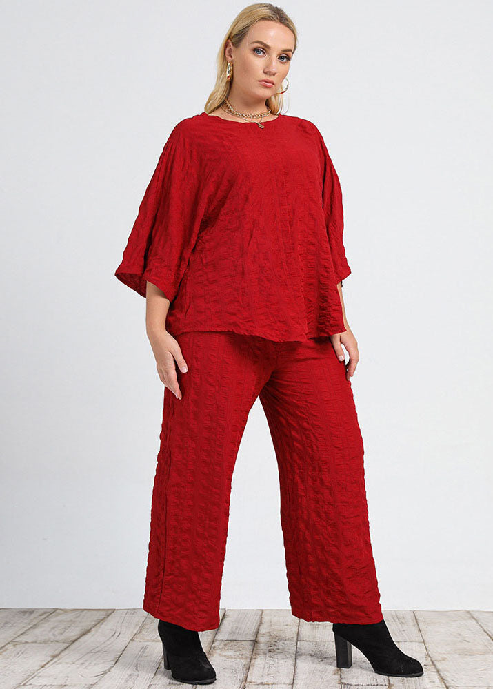 Casual Red Tops And Wide Leg Pants Patchwork Cotton Two Pieces Set Fall