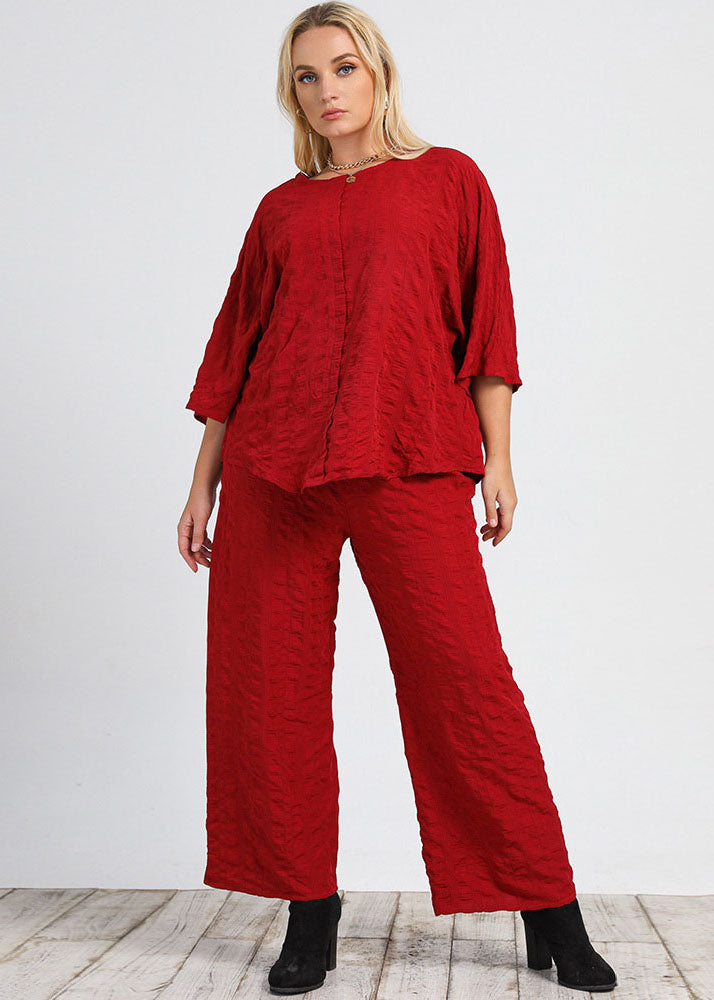 Casual Red Tops And Wide Leg Pants Patchwork Cotton Two Pieces Set Fall