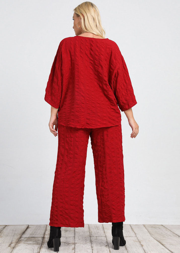 Casual Red Tops And Wide Leg Pants Patchwork Cotton Two Pieces Set Fall