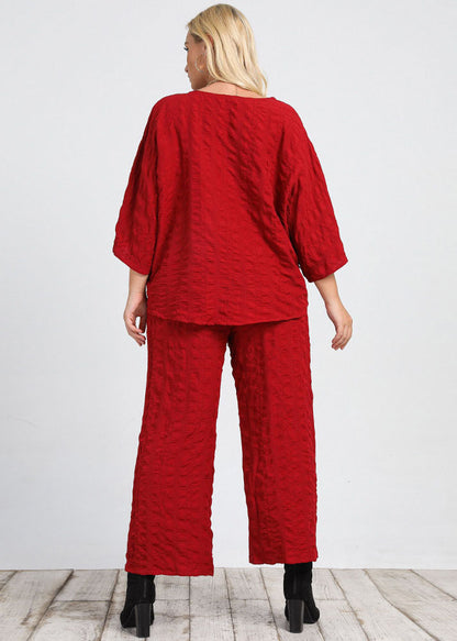 Casual Red Tops And Wide Leg Pants Patchwork Cotton Two Pieces Set Fall