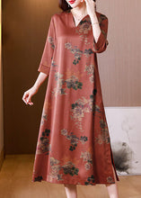 Load image into Gallery viewer, Casual Red V Neck Print Side Open Silk Long Dress Half Sleeve
