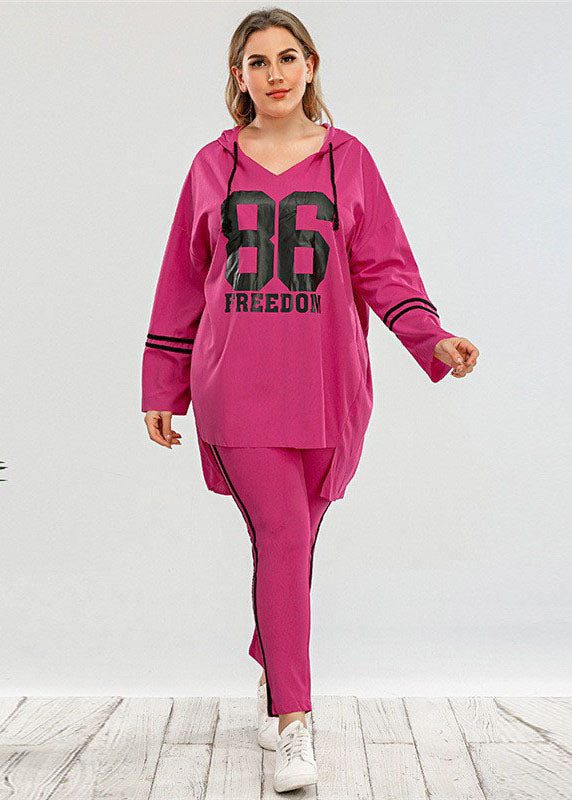 Casual Rose Hooded Print Patchwork Cotton Tops And Pants Two Pieces Set Fall