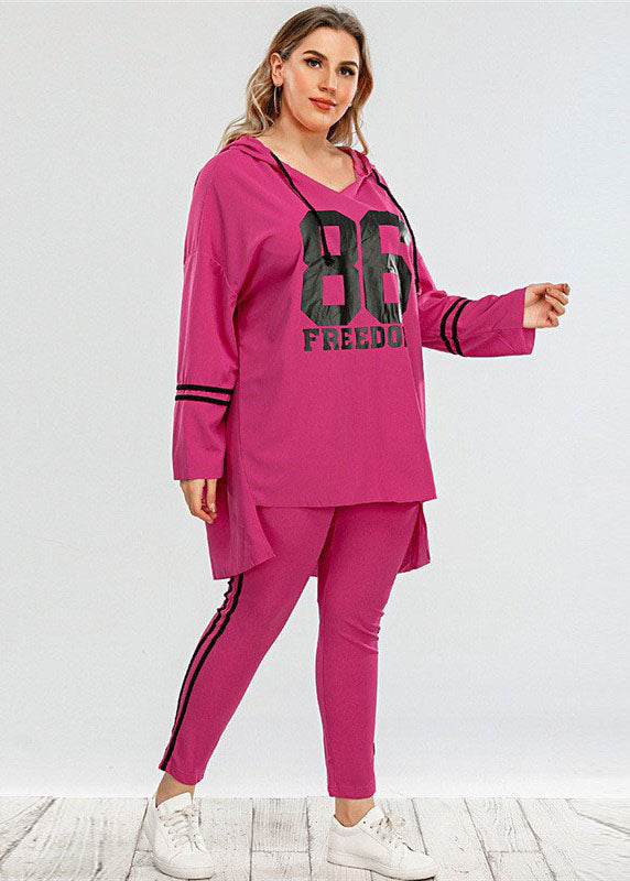 Casual Rose Hooded Print Patchwork Cotton Tops And Pants Two Pieces Set Fall