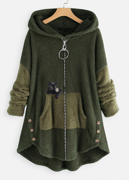 Casual Rubber Red Hooded Print Zippered Patchwork Teddy Faux Fur Coats Fall