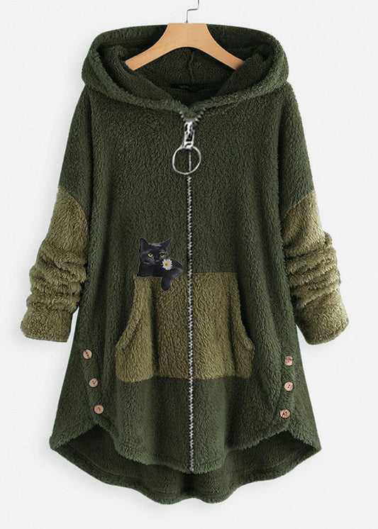 Casual Rubber Red Hooded Print Zippered Patchwork Teddy Faux Fur Coats Fall