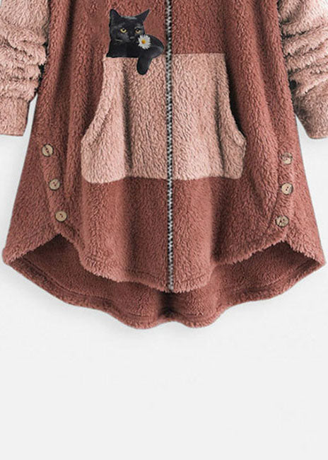 Casual Rubber Red Hooded Print Zippered Patchwork Teddy Faux Fur Coats Fall