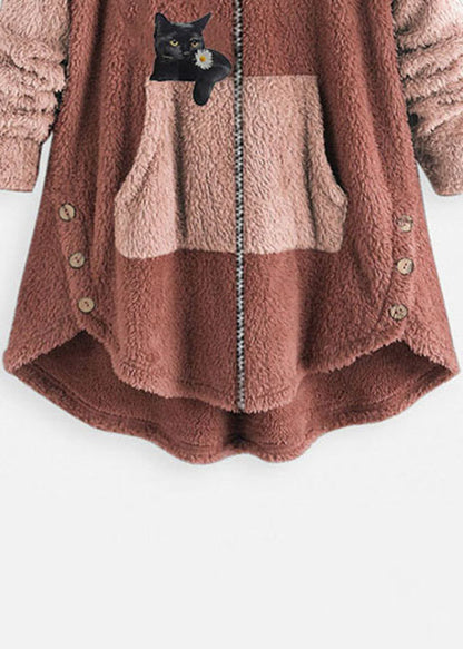 Casual Rubber Red Hooded Print Zippered Patchwork Teddy Faux Fur Coats Fall