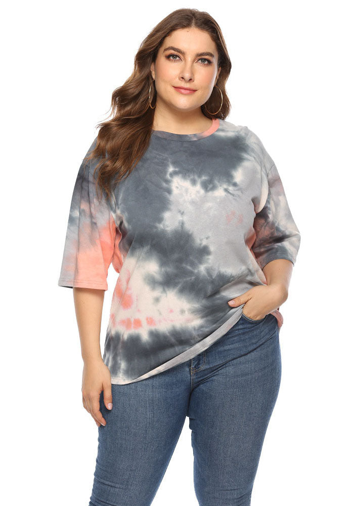 Casual Tie Dye O Neck Patchwork Cotton T Shirt Tops Summer