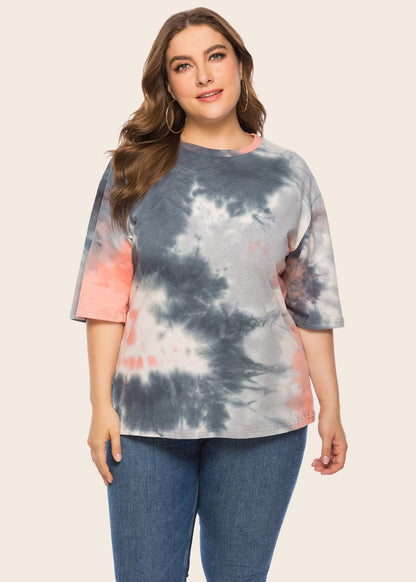 Casual Tie Dye O Neck Patchwork Cotton T Shirt Tops Summer