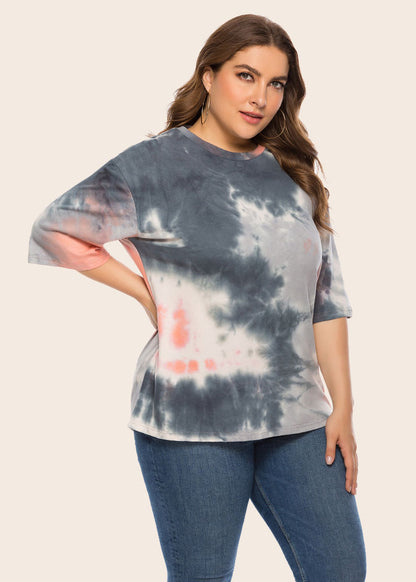 Casual Tie Dye O Neck Patchwork Cotton T Shirt Tops Summer