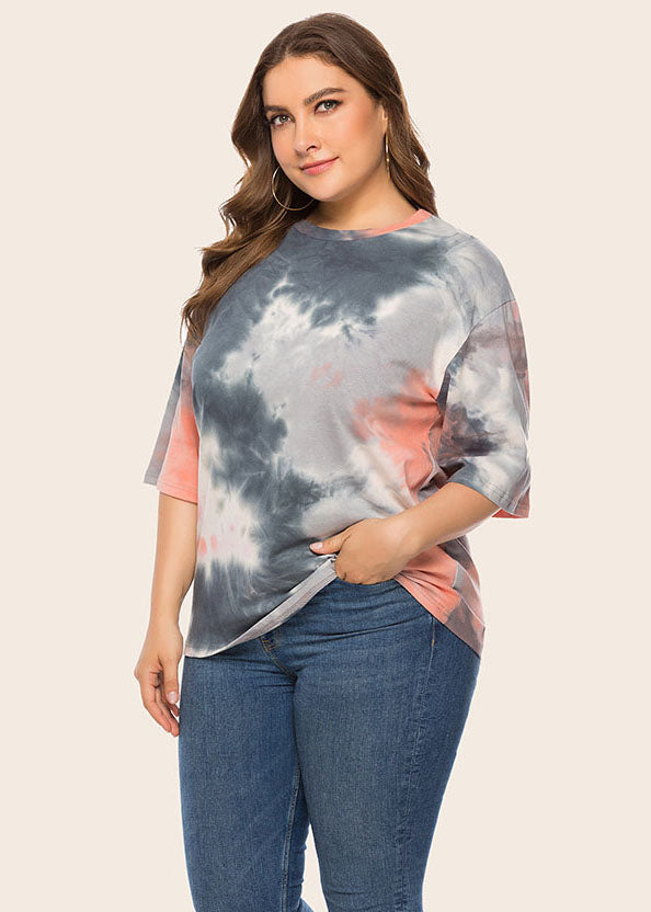 Casual Tie Dye O Neck Patchwork Cotton T Shirt Tops Summer