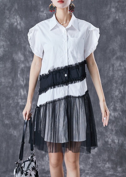 Casual White Peter Pan Collar Patchwork Cotton Day Dress Petal Sleeve