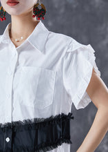 Load image into Gallery viewer, Casual White Peter Pan Collar Patchwork Cotton Day Dress Petal Sleeve