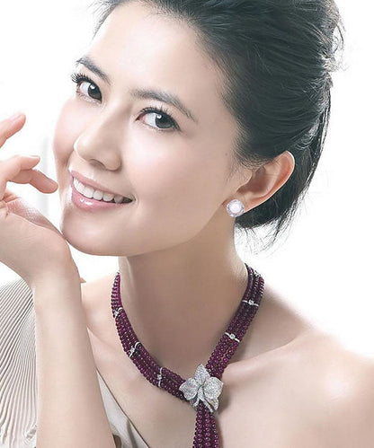 Casual White Sterling Silver Inlaid Zircon Jade Stud Earrings