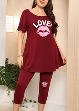 Load image into Gallery viewer, Casual Wine Red O-Neck Print Patchwork Cotton Two Piece Suit Pajamas Summer