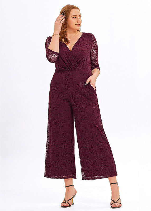 Casual Wine Red V Neck Wrinkled Lace Wide Leg Jumpsuit Bracelet Sleeve