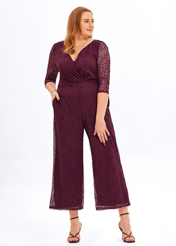 Casual Wine Red V Neck Wrinkled Lace Wide Leg Jumpsuit Bracelet Sleeve