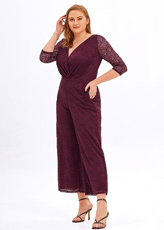 Casual Wine Red V Neck Wrinkled Lace Wide Leg Jumpsuit Bracelet Sleeve