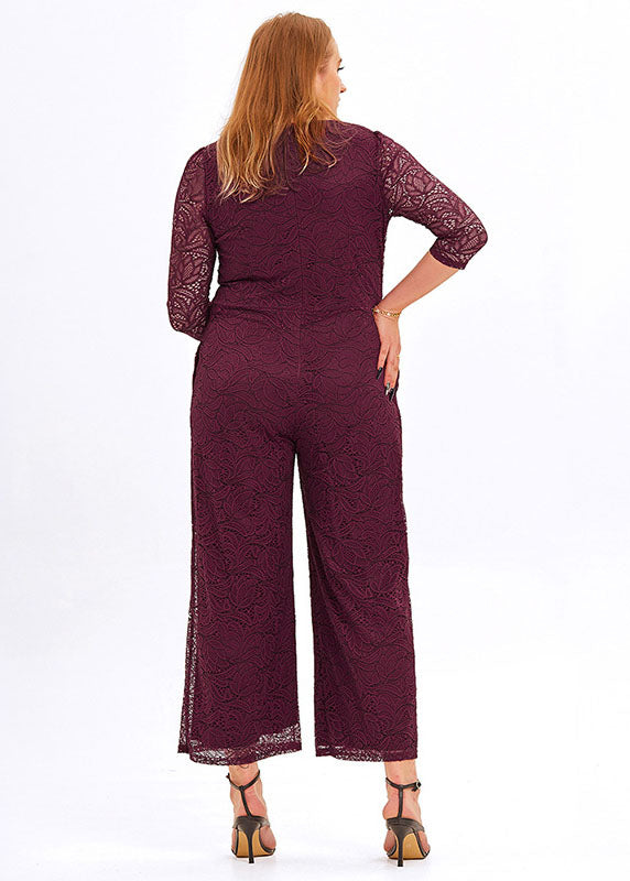 Casual Wine Red V Neck Wrinkled Lace Wide Leg Jumpsuit Bracelet Sleeve