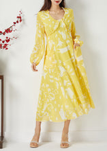 Load image into Gallery viewer, Casual Yellow Ruffled Cinched Print Chiffon Dress Summer