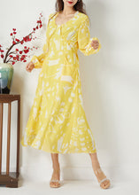 Load image into Gallery viewer, Casual Yellow Ruffled Cinched Print Chiffon Dress Summer