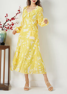 Casual Yellow Ruffled Cinched Print Chiffon Dress Summer