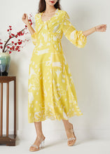 Load image into Gallery viewer, Casual Yellow Ruffled Cinched Print Chiffon Dress Summer