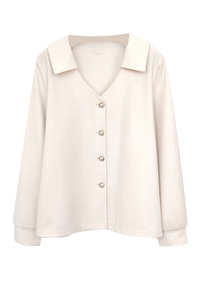 Chic Apricot V Neck Button Patchwork Cotton Shirt Top Fall